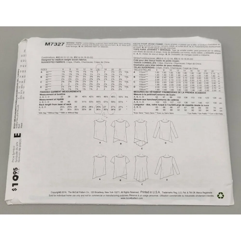 McCalls Pattern Misses Asymetrical Pullover Tops Size E5 14-22 M7327 UNCUT